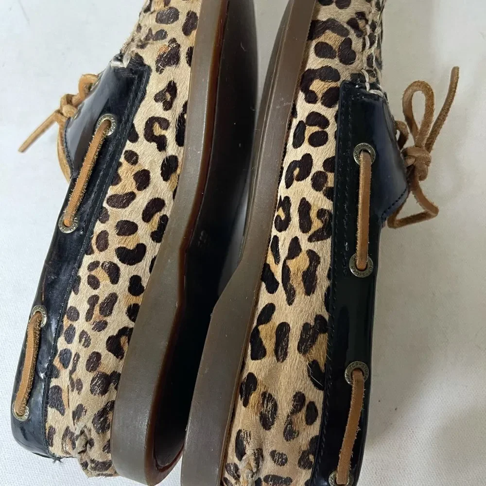 Sperry Too Sider Calf hair leopard prints & black patent leather size 7.…